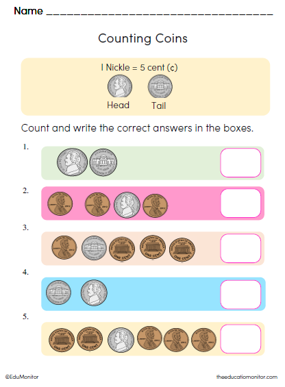 Counting Coins Preschool Math Worksheet