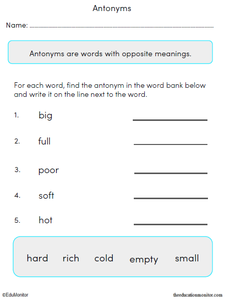 Antonyms Worksheets for Grade 1
