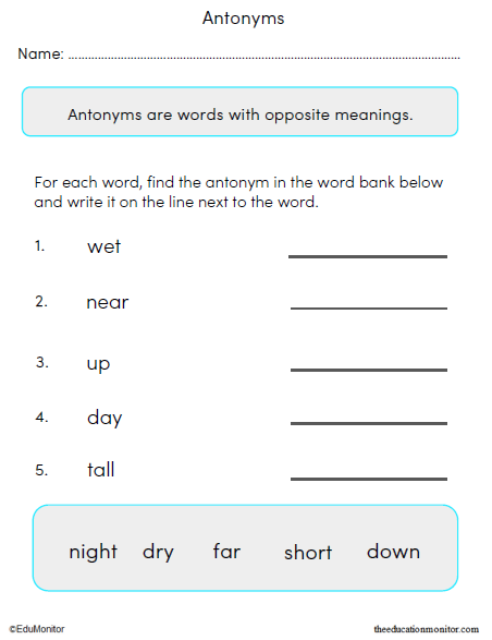 Grade 1 Opposites Worksheets