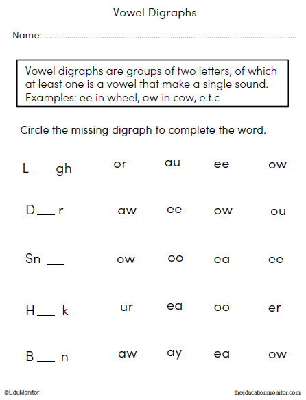 Vowel Digraphs Phonics Worksheets