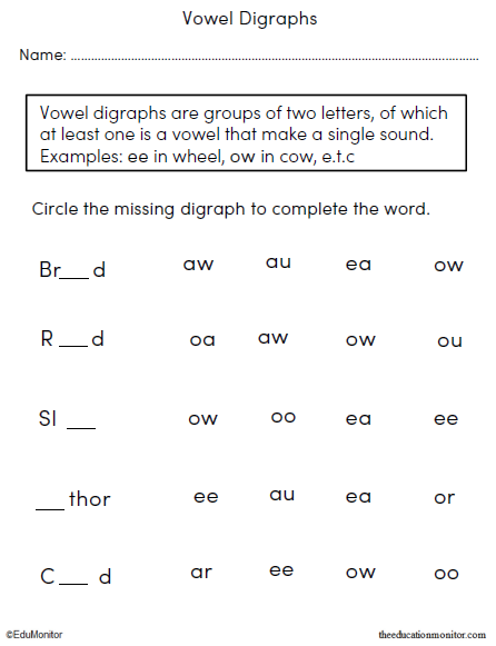Vowel Digraphs Worksheets for Kids