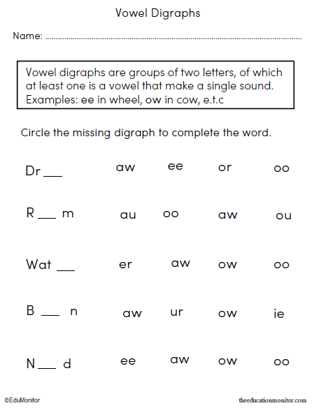 Vowel Digraphs Language Arts Worksheets