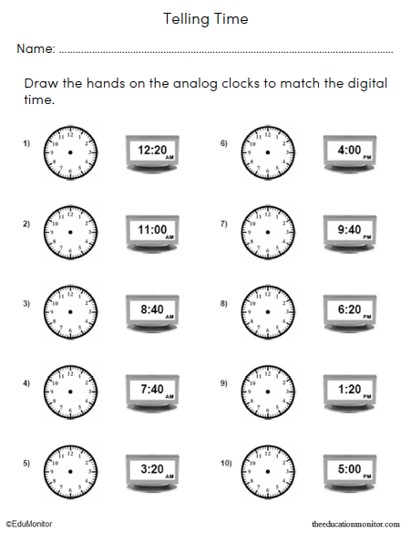 Digital to Analog Time Math Worksheets - EduMonitor