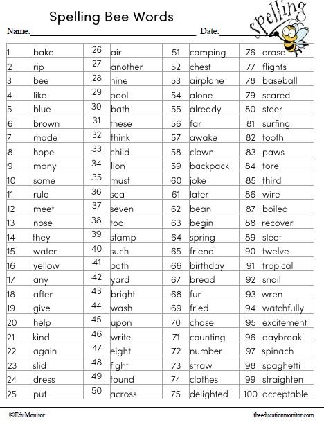 Grade 2 Spelling Bee Worksheets