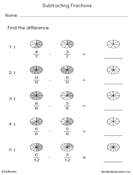 Subtracting Fractions Worksheets for 3rd Grade