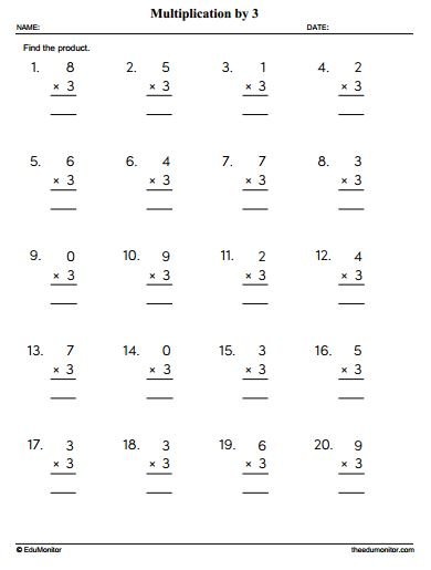 Multiplication by Three Worksheet - Grade 3 - EduMonitor