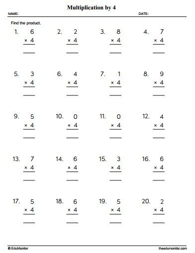 Multiplication by Four Worksheet - Grade 3 - EduMonitor