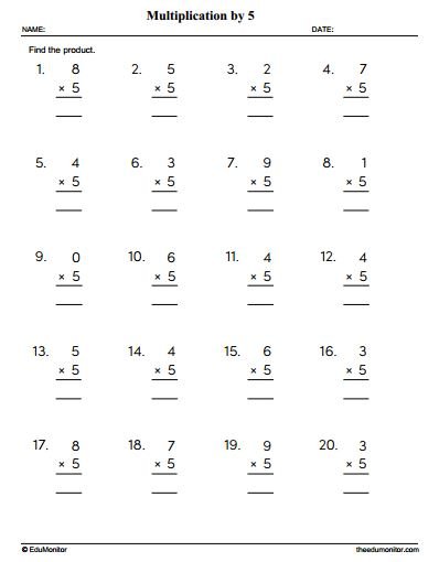 Multiplying by 5 Worksheets - Grade 3