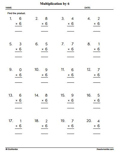 Multiplication by Six Worksheet - Grade 3 - EduMonitor