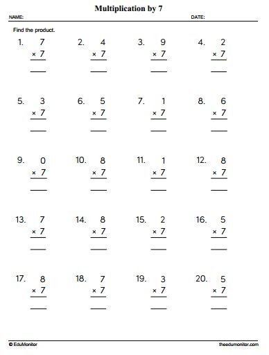 Multiplication by Seven Worksheet - Grade 3 - EduMonitor