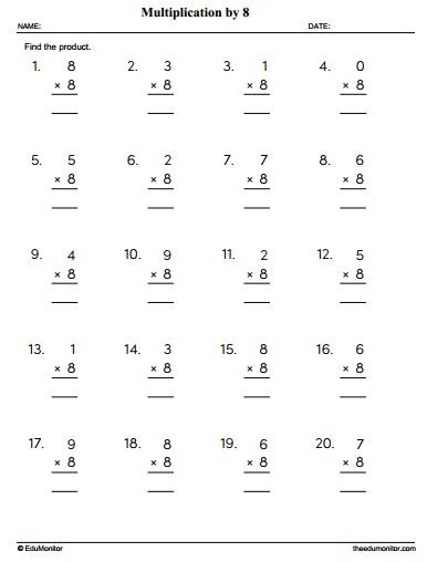 Multiplication by Eight Worksheet for Grade 3