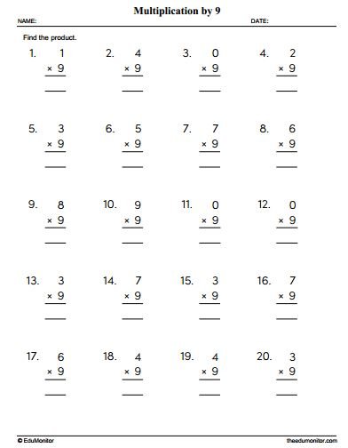 Multiplication by Nine Worksheet for Grade 3 - EduMonitor