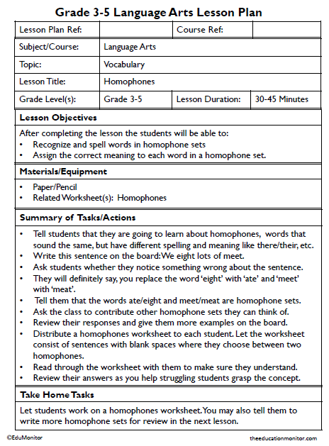 Grade 3-5 Homophones Lesson Plan_EduMonitor-1 Homophones Grade 3-5 Language Arts Lesson Plans