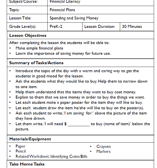 PreK-2 Financial Literacy Lesson Plans