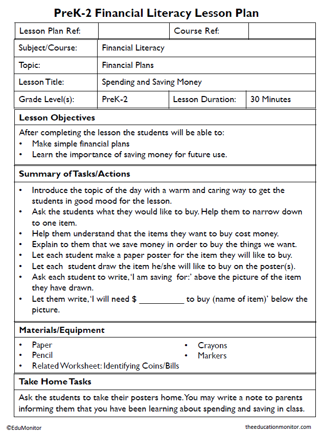 PreK-2 Financial Literacy Lesson Plans