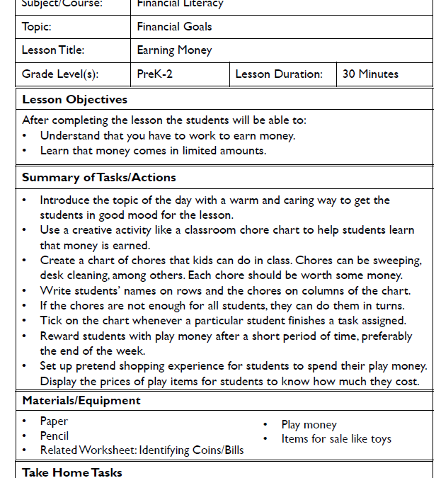 Financial Literacy Lesson Plan Worksheets for Kids