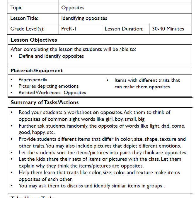Identifying Opposites Language Arts Lesson Plans for Kids