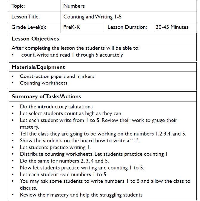 Counting and Writing Numbers 1-5 Math Lesson Plans