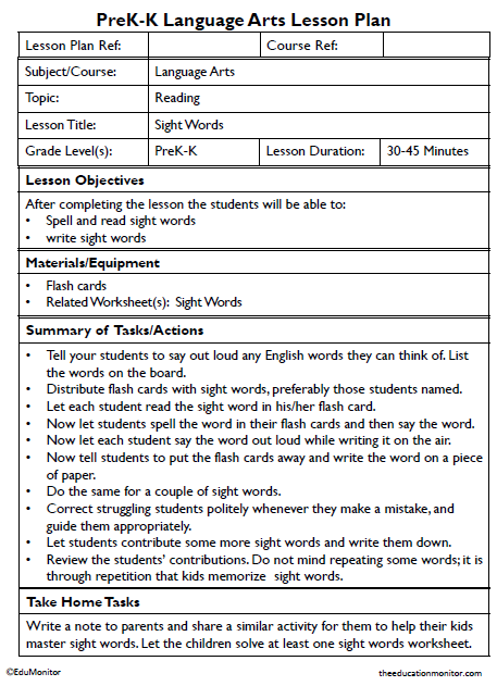 PreK-K Sight Words Lesson Plan_EduMonitor-1 Sight Words PreK-K Language Arts Lesson Plans