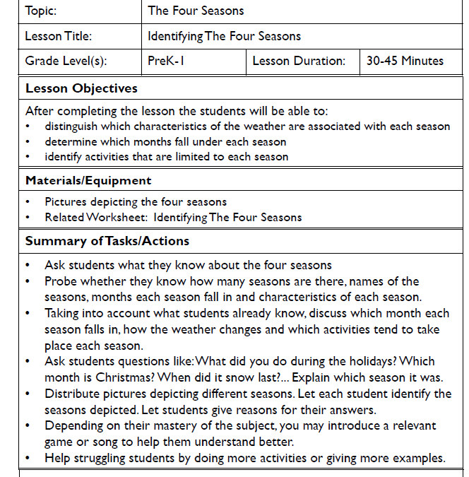 Identifying The Four Seasons Science Lesson Plans