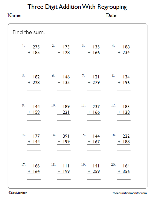 Three Digit Addition With Regrouping Worksheets - EduMonitor