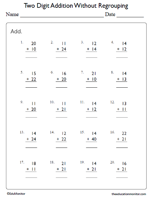 Two Digit Addition Without Regrouping - EduMonitor | Science, Math ...