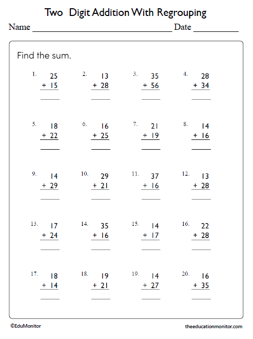 Two Digit Addition With Regrouping Worksheets - EduMonitor