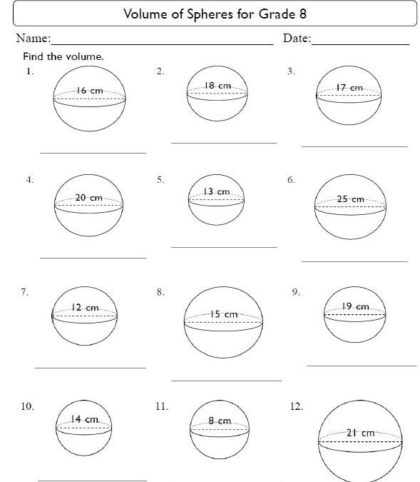 Volume of Sphere for Grade 8 Worksheet