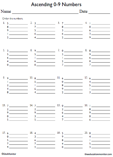 Ascending Order of Numbers Up to 9 Worksheets