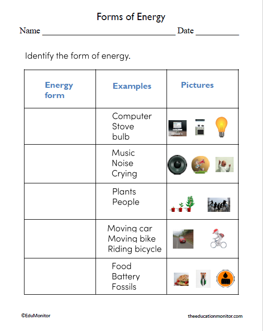 Different Forms of Energy Science Worksheets