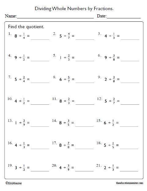 Dividing Whole Numbers by Fractions Worksheet for Grade 5 - EduMonitor