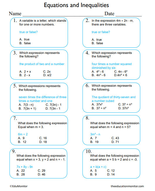 Equations and Inequalities Math Worksheet for Grade 8