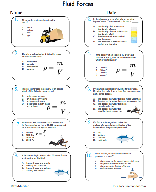 Fluid Forces Worksheet _EduMonitor Fluid Forces Worksheet for Eighth Grade
