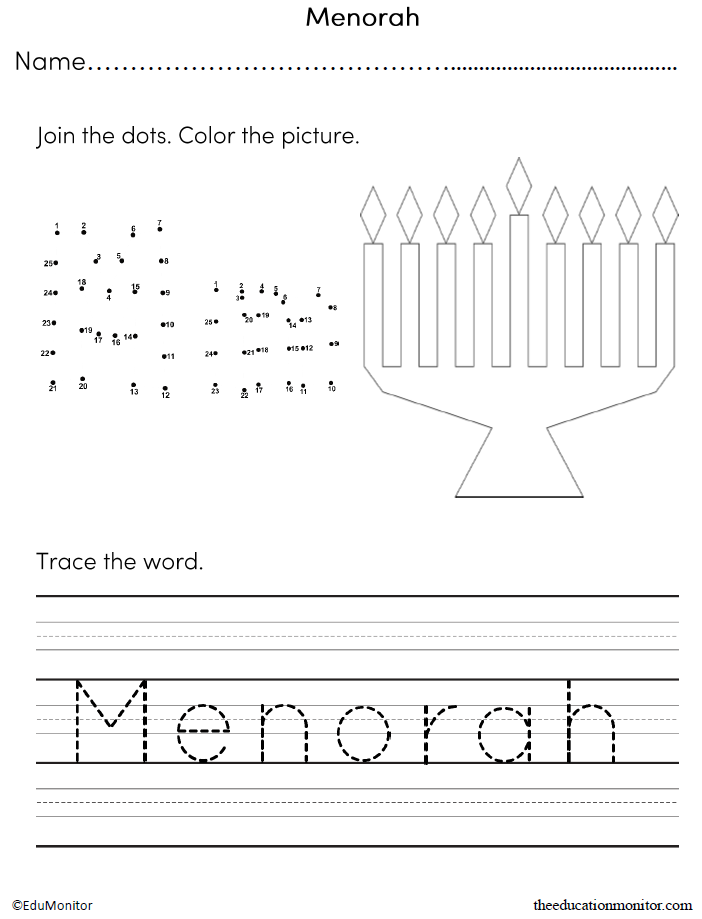 Menorah Hanukkah Tracing and Coloring Worksheets