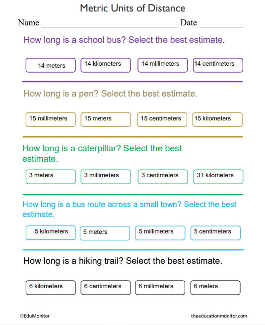Eighth Grade Metric Units of Distance Science Worksheets