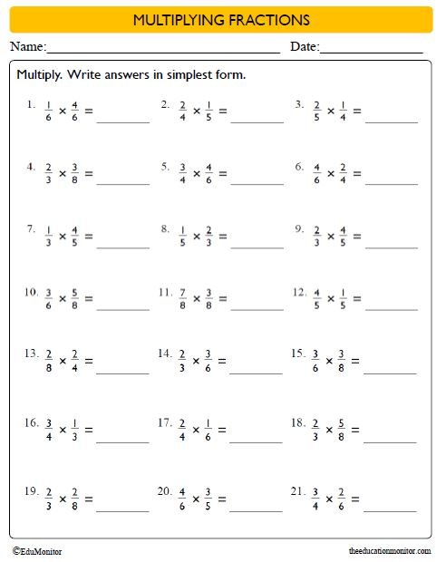 Multiplying Fractions Worksheet for Grade 6 - EduMonitor