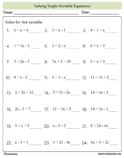 Single Variable Equations for Grade 8 Worksheet 2 - EduMonitor