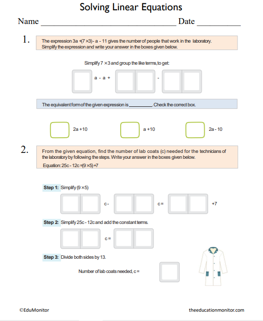 Solving Linear Equations Math Worksheet for Grade Eighth