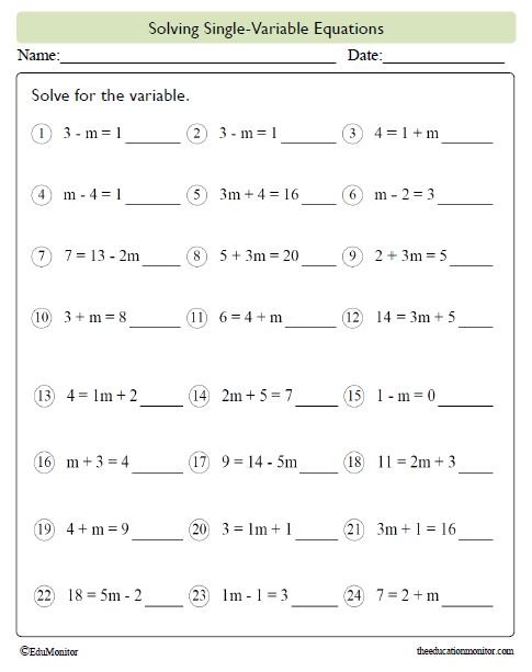Solving Single-Variable Equations Grade 8 Worksheet ver.