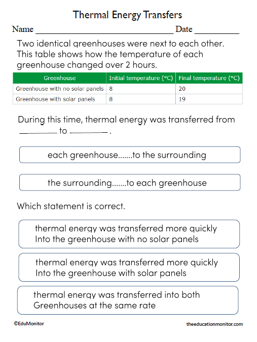 Thermal Energy Transfer Science Worksheets for Seventh grade