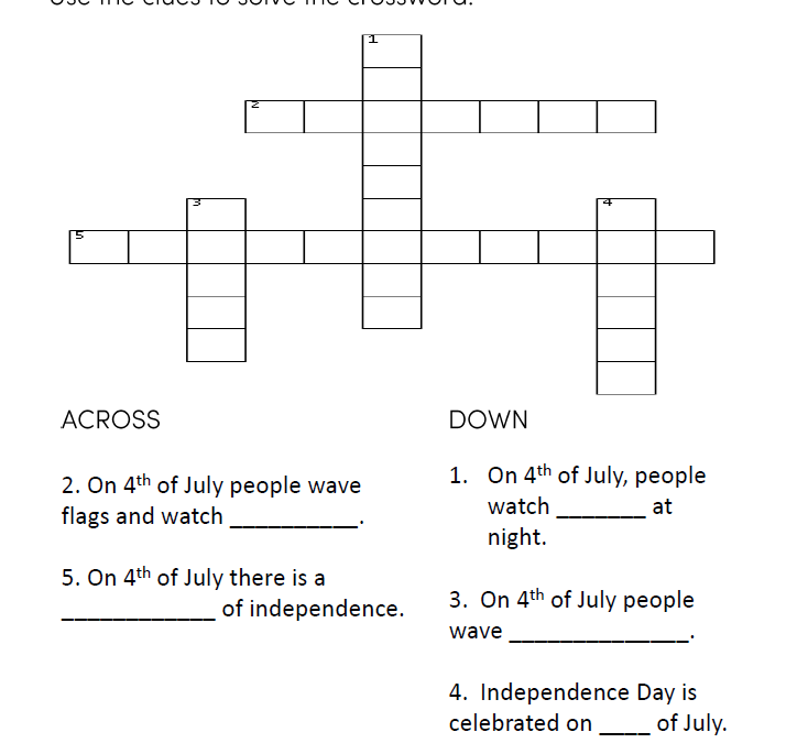 4th of July Crossword Puzzle Worksheets for Kids