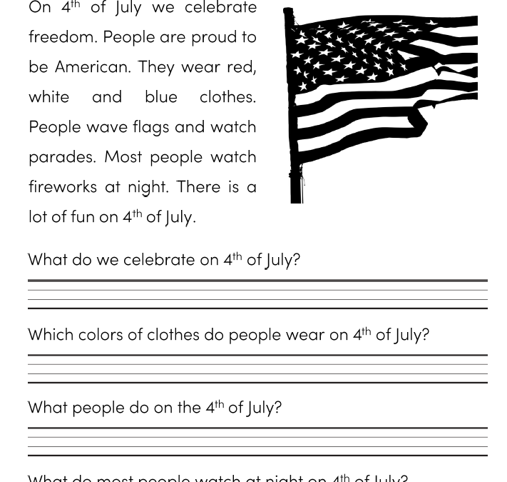 4th of July Reading and Writing Worksheets for Kids