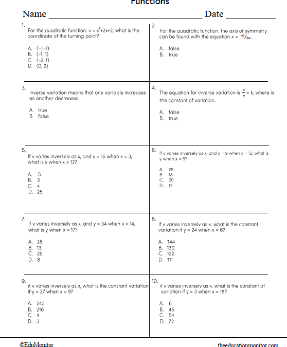 8th Grade Functions Math Worksheet