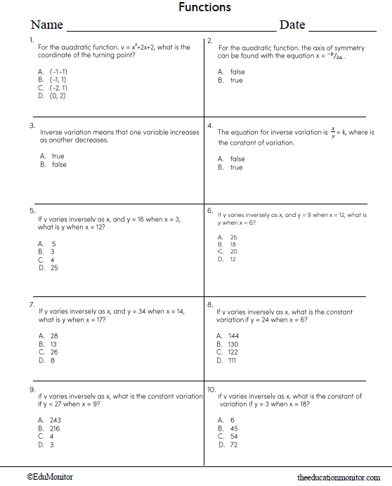 8th Grade Functions Math Worksheet