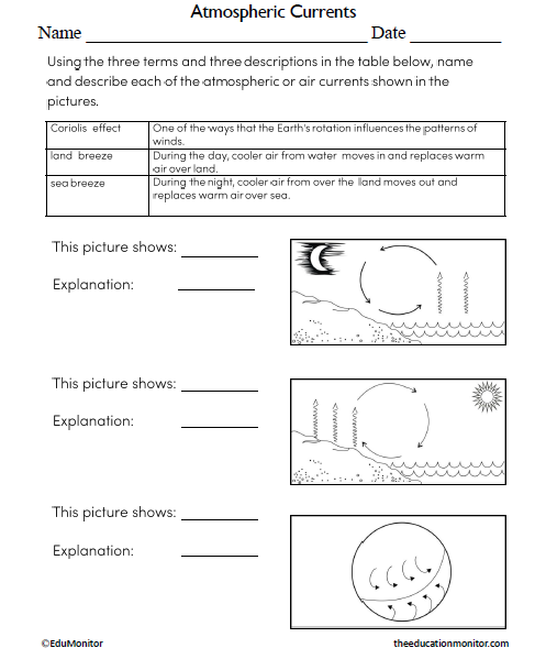 Atmospheric Currents Science Worksheet for Grade 8