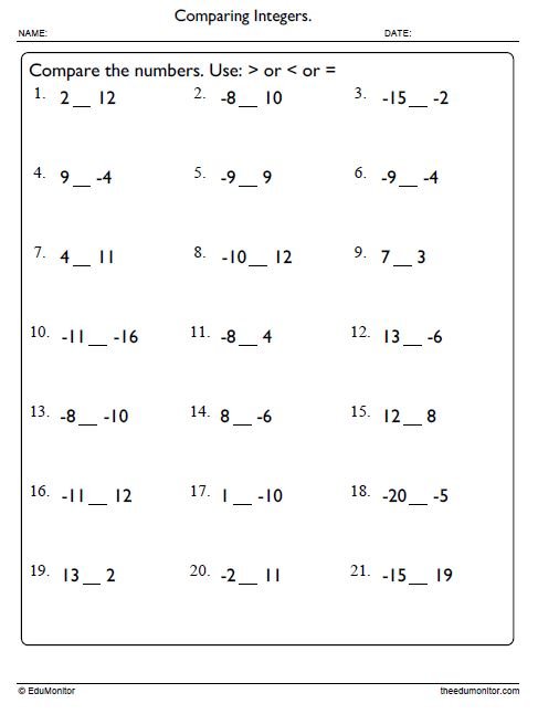 Comparing Integers Worksheet for Grade 6 - EduMonitor | Science, Math ...