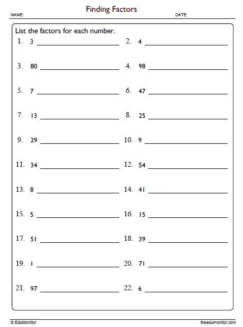 Finding Factors Worksheet for Grade 6