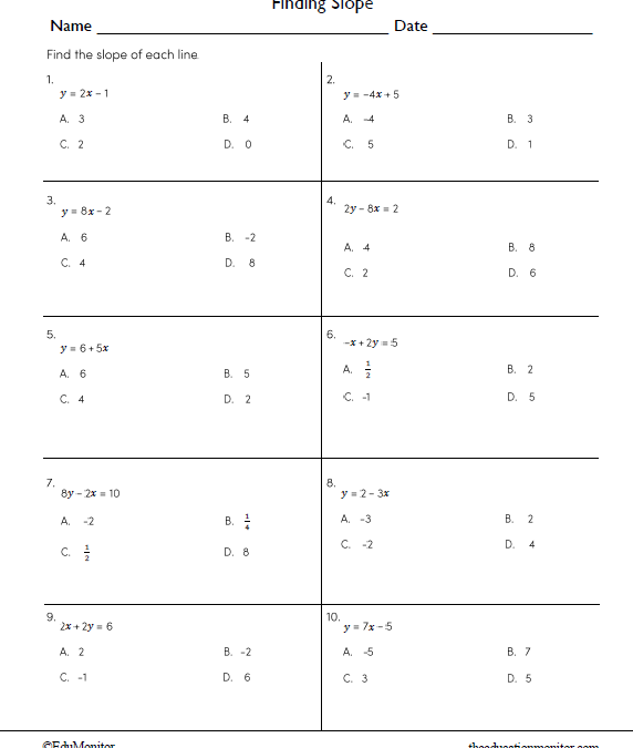Finding Slope Math Worksheet for Grade 8