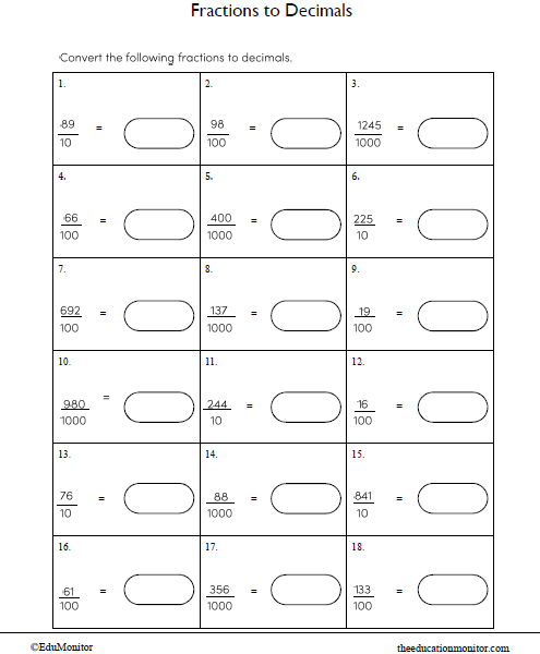 Fractions to Decimals Math Worksheet for Eighth Grade - EduMonitor