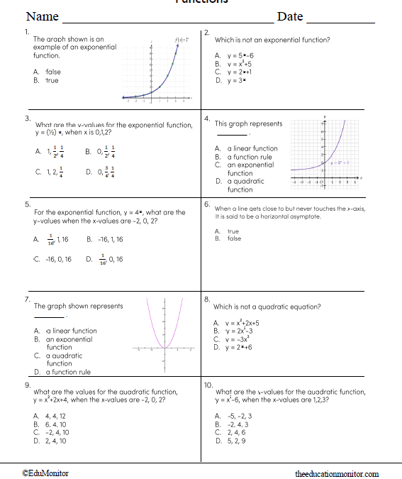 Functions Math Worksheet for Grade 8